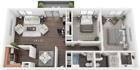Floor plan for 2 beds, 2 baths, 1174 sqft
